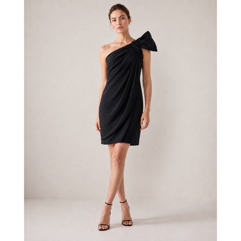Marchesa Notte Black 100% Silk One Shoulder Bow Draped Cocktail Mini Dress 4